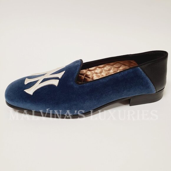GUCCI SHOES MENS NY YANKEES INSIGNIA BLUE VELVET LOAFERS - Picture 6 of 14